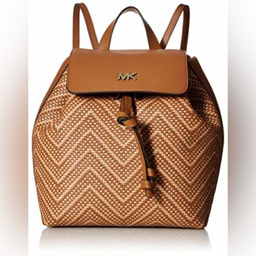 NWT Michael Kors Junie Brown/Tan Woven Backpack Includes Dustcover